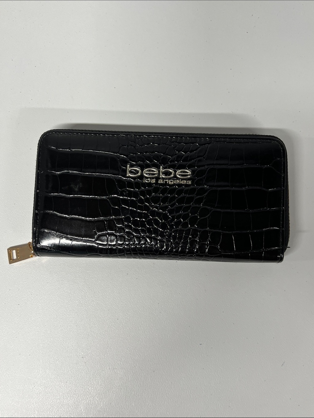 bebe Black Croc-Embossed Zip-Around Wallet with Gold Hardware